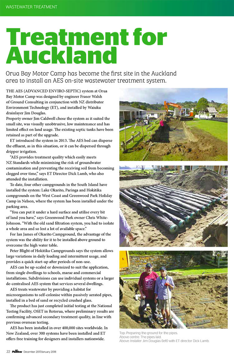 NZPlumber Article Dec 2017-Jan 2018 - Orua Bay Motor Camp AES Installation 